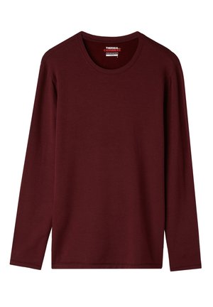 Burgundská dlouhá termální košile s dlouhým rukávem vyrobená z jemné směsi kašmíru; kulatý výstřih, měkká textura a žádné viditelné vzory nebo grafika.