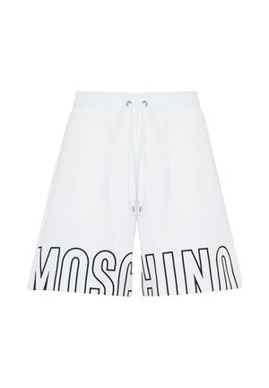 Weiße Shorts mit Kordelzug und großem schwarzem "MOSCHINO" Schriftzug am unteren Saum.