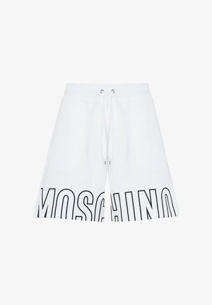 Witte shorts met trekkoord en grote zwarte tekst "MOSCHINO" gedrukt langs de onderste zoom.