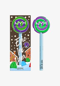 NYX Epic Ink Liner, wodoodoporne, jasnoniebieskie pióro z okrągłą zielono-fioletową nasadką. Opakowanie ma brązowe tło z kolorowymi wzorami pierników.