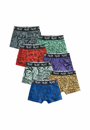 Sept paires de boxers colorés pour garçons avec des ceintures noires marquées "Next" et des motifs style graffiti de différentes couleurs.