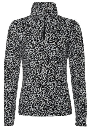 Damska bluza z polaru z długim rękawem w czarno-biały wzór w panterkę i kołnierzem na zamek do ćwiartki.