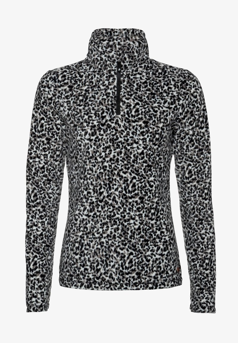 Pull-over pour femme à manches longues en polaire avec imprimé léopard noir et blanc et col avec fermeture éclair à quart.