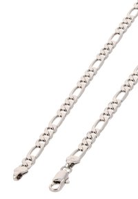 Ezüst színű fémlánc összekapcsolódó szemekkel, fényes felülettel és záróhardverrel. Masszív tervezés, elegáns megjelenéssel.