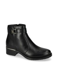 Stivaletto in pelle nera con punta arrotondata, zip laterale e dettaglio in metallo. Presenta un tacco a blocco basso e una superficie testurizzata.