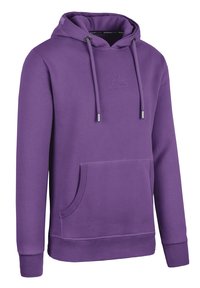 Paarse hoodie gemaakt van zachte stof, met een verstelbare trekkoord, een voorzak, ribgebreide manchetten en een tekstuur logo detail.