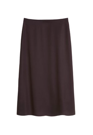 A dark brown, knee-length A-line skirt, featuring a smooth texture and a simple, unembellished design with a standard waistband.