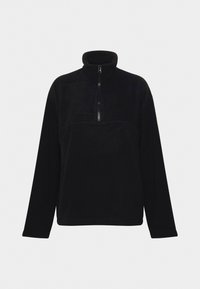 Pull-over en polaire noire avec un col montant, une demi-fermeture éclair, des manches longues et une texture lisse. Présente un détail de couture horizontale sur la poitrine.