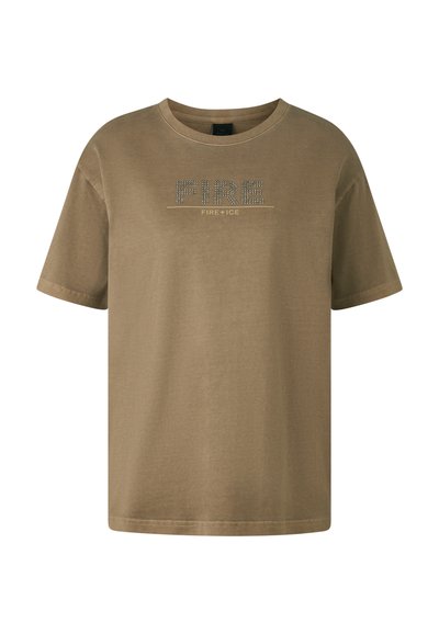 Olive green cotton t-shirt with short sleeves, crew neck, featuring "FIRE" in rhinestones with "FIRE+ICE" below in a soft gold accent.