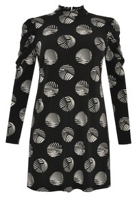 Robe noire à manches longues, col haut et épaules bouffantes. Présente des motifs circulaires blancs avec des motifs rayés variés partout.