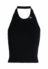 Top halter nero a coste con scollatura alta e design senza maniche. Presenta un piccolo logo bianco "CK" nella zona del collo. Texture liscia.
