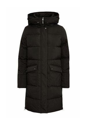 Black padded coat with a hood, featuring two front pockets, snap-button and zip closure, and a slightly glossy fabric texture.