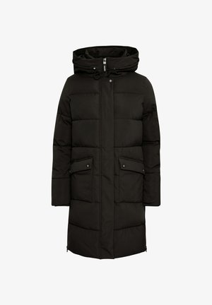 Črna podložena bunda s kapuco, ki ima dve sprednji žepu, zapiranje na pritisne gumbe in zadrgo ter rahlo sijočo teksturo blaga.