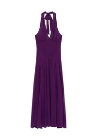 Lila Halterkleid mit tiefem V-Ausschnitt, fließendem Stoff und gefaltetem Rock. Bindeband am Hals für eine verstellbare Passform. Elegantes und leichtes Design.