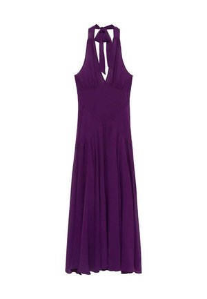 Lila Halterkleid mit tiefem V-Ausschnitt, fließendem Stoff und gefaltetem Rock. Bindeband am Hals für eine verstellbare Passform. Elegantes und leichtes Design.
