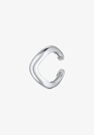 Silver ring with a smooth, curved design. Open shape with no closures, featuring a polished, shiny surface. Minimalistic and modern aesthetic.
