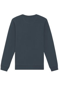 Donkerblauwe sweatshirt met lange mouwen en een ronde hals, gemaakt van zachte stof. De achterkant heeft een gladde, effen uitstraling.