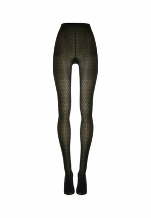 Zwarte, doorschijnende panty's met een gekruist mesh-ontwerp, hoge taille en met voeten, getoond tegen een witte achtergrond.