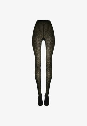 Schwarze gemusterte transparente Strumpfhosen mit einem gekreuzten Netzdesign, hoher Taille und Fußteil, dargestellt vor weißem Hintergrund.