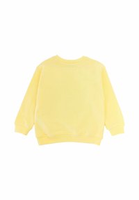 Felpa gialla, materiale in cotone, colletto rotondo, maniche lunghe, polsini e orlo a coste, texture morbida, design semplice, senza marchi visibili.