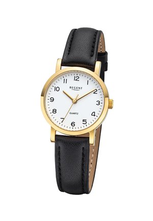 Round gold-tone watch with white dial, black Arabic numerals, gold hands, and black leather strap.