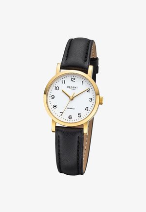 Round gold-tone watch with white dial, black Arabic numerals, gold hands, and black leather strap.
