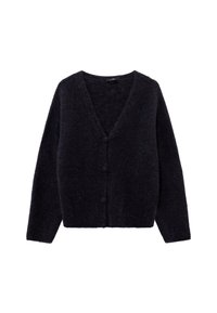 Donkerblauwe gebreide cardigan met een zachte, pluizige textuur. Heeft een V-hals en vijf knopen aan de voorkant. Lange mouwen en een cropped ontwerp.