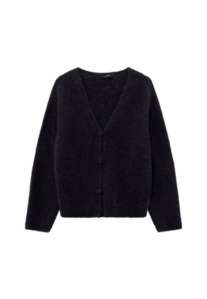 Donkerblauwe gebreide cardigan met een zachte, pluizige textuur. Heeft een V-hals en vijf knopen aan de voorkant. Lange mouwen en een cropped ontwerp.
