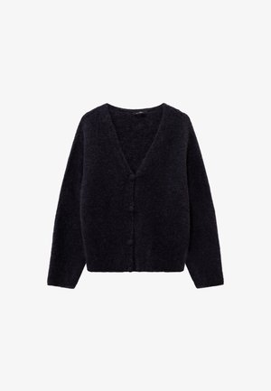 Cardigan lavorato a maglia di un blu navy scuro con una consistenza morbida e pelosa. Presenta un collo a V e cinque bottoni frontali. Maniche lunghe e design corto.