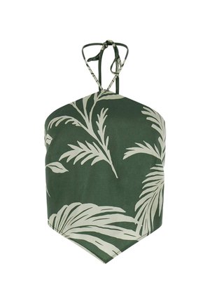 Green halter top with palm leaf pattern in cream. Fabric appears smooth with a lightweight drape; features adjustable ties behind the neck.