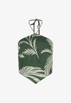 Zöld pánt nélküli top pálmalevél mintával krémszínben. Az anyag simának tűnik, könnyű esése van; állítható nyakkendők találhatók a nyak mögött.