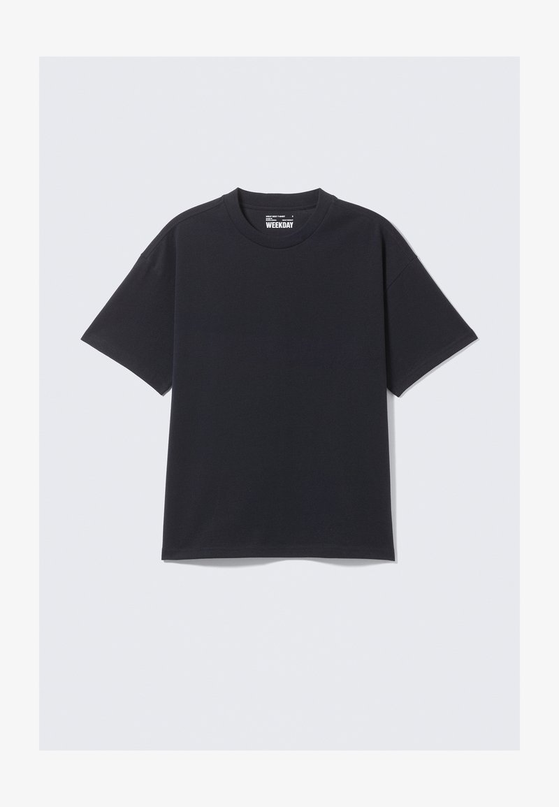 Black cotton T-shirt featuring a classic crew neck, short sleeves, and a relaxed fit. Smooth texture with minimal stitching detail.