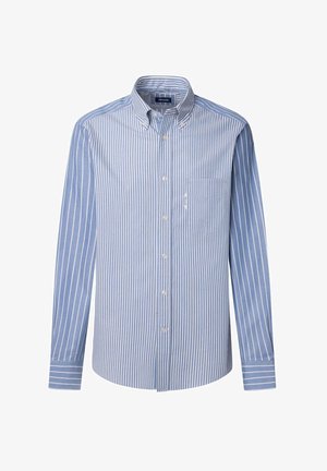Camicia a maniche lunghe con bottoni di colore azzurro chiaro a righe verticali bianche. Presenta una tasca sul petto e polsini a righe in contrasto.