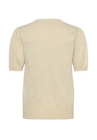 Light beige knit sweater with short puff sleeves, a round neckline, and a ribbed hem. Fabric has a smooth texture with slight sheen.