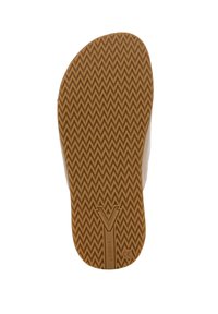 Suola delle calzature in gomma marrone chiaro flessibile con un motivo a zigzag e un logo in rilievo al centro. I bordi sono arrotondati.