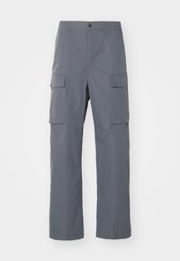 Grey cargo pants with an elastic waistband, featuring two side pockets and a straight-leg design. Made from lightweight fabric with a smooth texture.