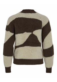 Flauschiger Pullover in Beige und Braun mit abstraktem Muster, langen Ärmeln und rundem Ausschnitt, weicher Textur und geripptem Saum.