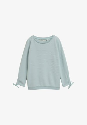 Ljusblå texturerad tröja med långa ärmar, med knytband vid ärmsluten och rundad halsringning. Tillverkad av mjukt, andningsbart tyg.