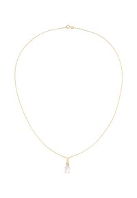 Collana in oro con un design a cavo fine, dotata di un pendente ovale traslucido fissato da una montatura a quattro artigli.