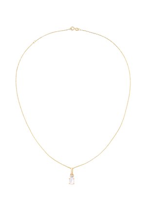 Goldkette mit feinem Kabeldesign, ausgestattet mit einem ovalen durchsichtigen Anhänger, der von einer vierklammrigen Fassung gehalten wird.