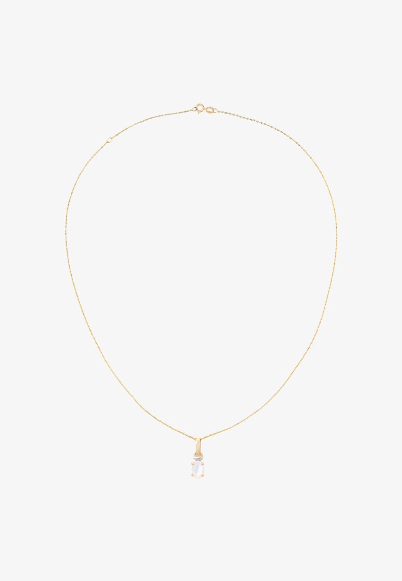 Złota naszyjnik z delikatnym wzorem kablowym, z owalnym przezroczystym wisiorkiem zabezpieczonym czterema ząbkami.