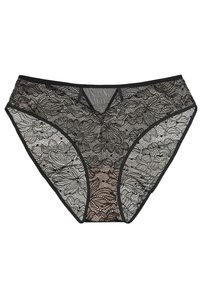 Schwarze Spitzenunterwäsche mit floralem Muster, einem halbtransparenten Design und einem elastischen schwarzen Bund. Weicher Stoff mit sorgfältiger Nahtverarbeitung.