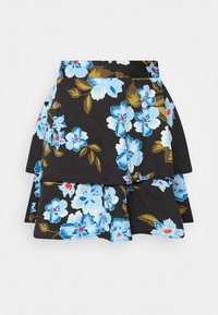 Black flared skirt featuring a floral pattern with blue and white flowers, layered design, and accents in gold and red.