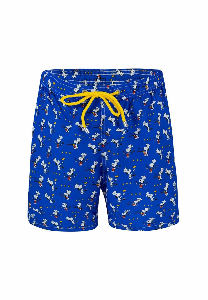 Costumi da bagno blu con un motivo cartoon che presenta personaggi bianchi. Vita elasticizzata con cordino giallo e fermagli metallici argentati.