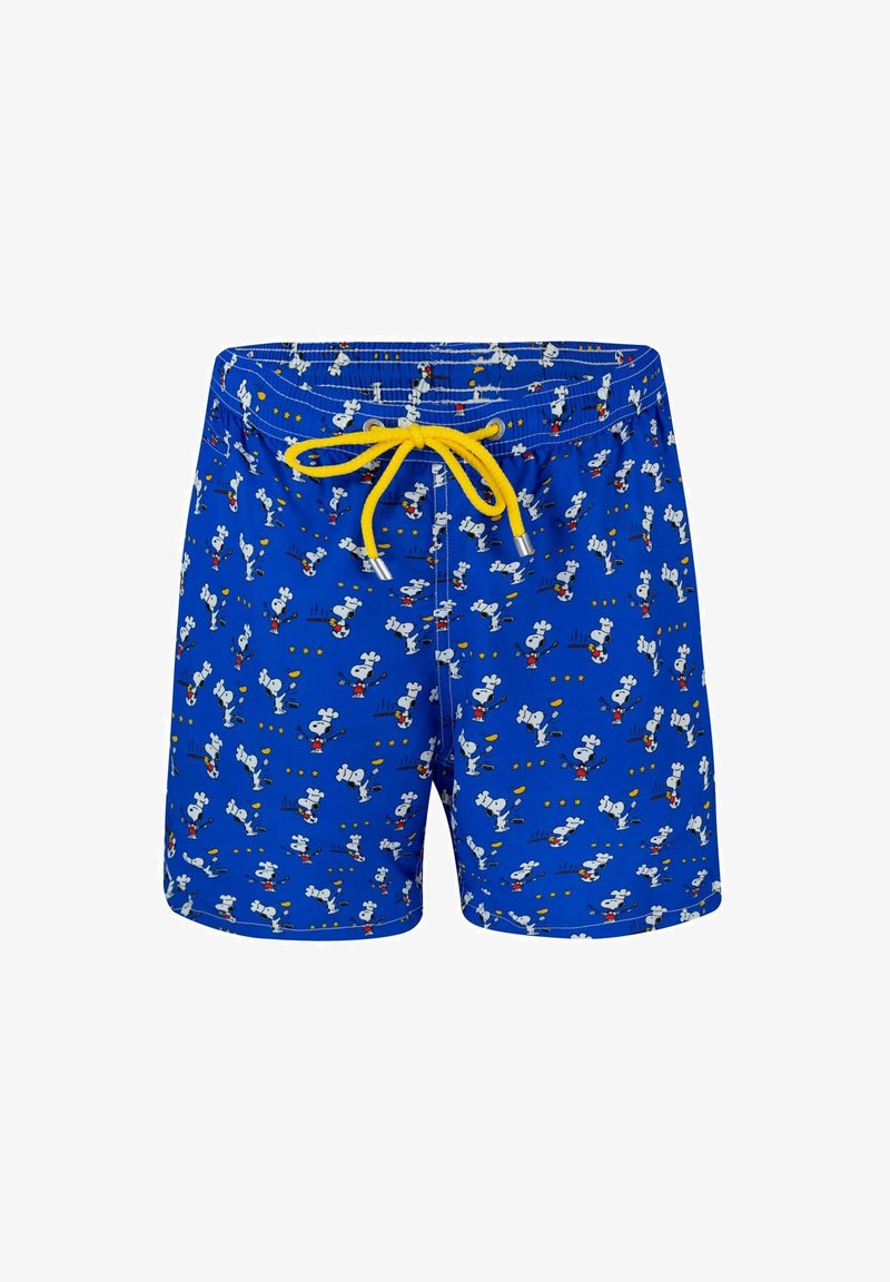 Costumi da bagno blu con un motivo cartoon che presenta personaggi bianchi. Vita elasticizzata con cordino giallo e fermagli metallici argentati.