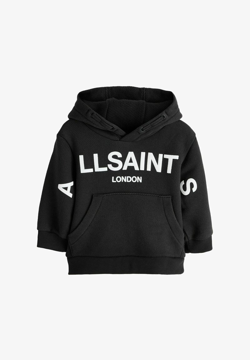 Hanorac negru cu buzunar kangaroo, având inscripția „ALLSAINT LONDON” în litere albe pe piept și mâneci. Țesătură texturată, glugă reglabilă.