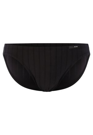 Schwarze Schwimmshorts mit einem strukturierten Rippmuster, elastischem Bund und einem kleinen Markenlabel an der Seite. Weicher, dehnbarem Stoff.