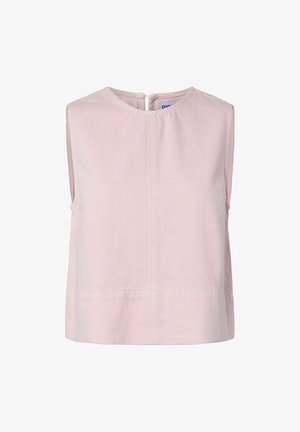 Ermeløs, blek rosa cropped topp med rund hals og knappelukking bak, laget av teksturert stoff.