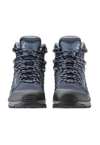 Stivali da trekking di un blu navy scuro con accenti grigi, caratterizzati da una parte superiore testurizzata, design con lacci e suola in gomma resistente con una finitura che resiste alle intemperie.