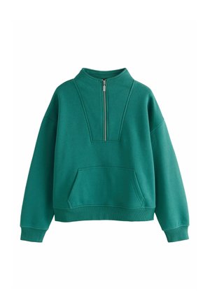 Green sweatshirt with a high neck and half zipper, featuring a front pocket and ribbed cuffs. Made of soft, textured fabric.